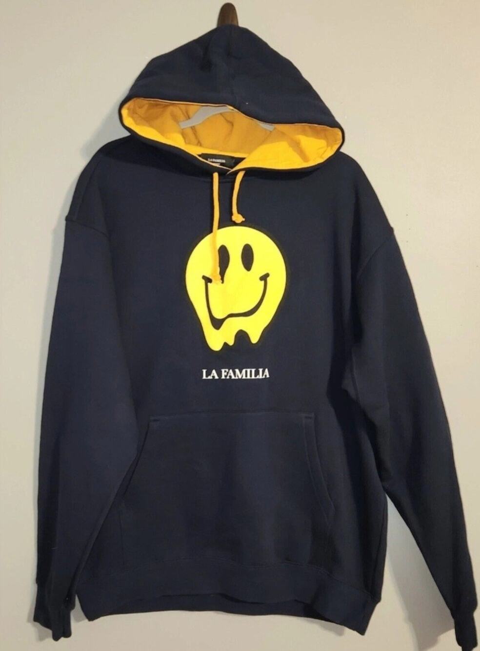 La Familia MMXIV Smiley Drip Navy Blue And Yellow Mens Pullover Hoodie Size L